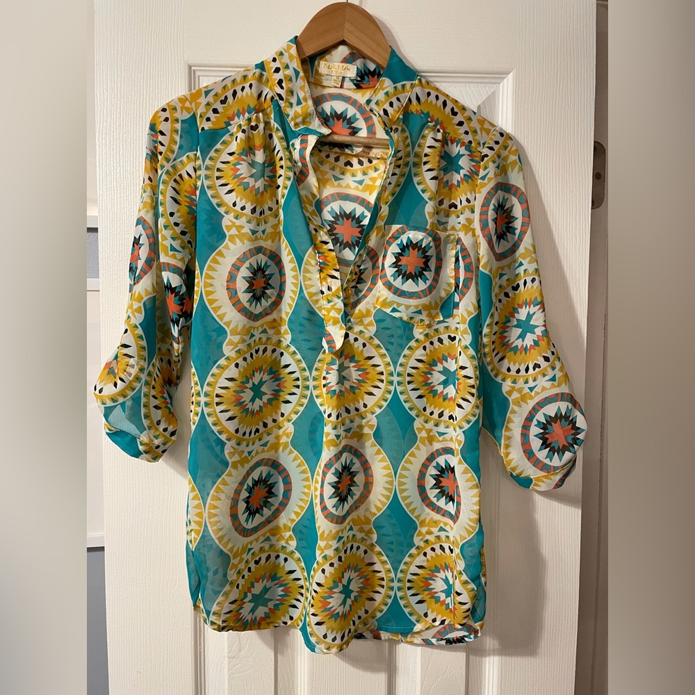 Womens medium seethrough sheer top western 3/4 sleeve blouse shirt coverup beach